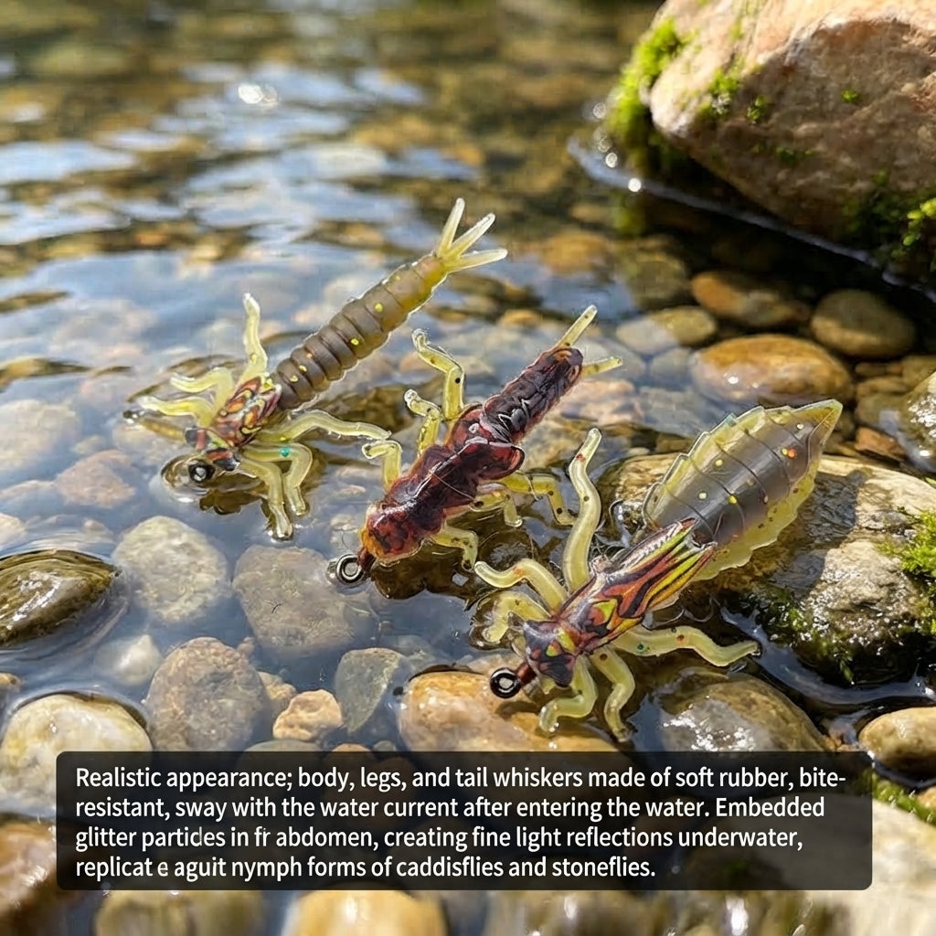 Realistic Nymph Soft Fishing Lures – 8-Pack Stonefly & Caddisfly Larvae Artificial Bait with Barbed Hooks, Ideal for Trout & Freshwater Fly Fishing