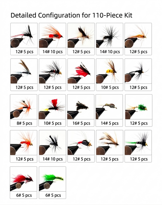110pcs  Master Fly Set - Full Water Column Coverage - Nymph, Streamer, Dry, Wet Assortment - Versatile Sizes #6 to #14