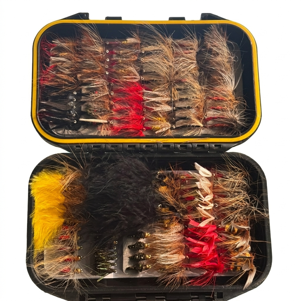 120Pcs Fly Fishing Lures Kit with Double-Sided Waterproof Case: Hand-Tied Dry, Wet, Nymphs & Streamers Assortment with Natural Feathers for Trout, Bass - Fishing Gift for Anglers