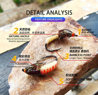 DZAngling 5PCS Hand-Tied Realistic Caddis Nymph Flies - Barbless Hooks, Soft Silicone Segmented Body & Flashabou, Sub-Surface Wet Fly for Trout, Grayling & Panfish
