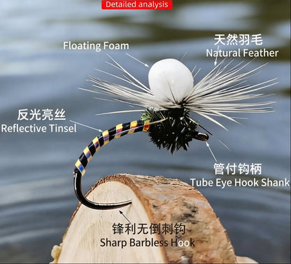 DzAngling 10-Pack Dry Flies #14 Barbless Floating Foam Mayfly Dun – High-Visibility High-Buoyancy Hand-Tied Fly Fishing Lures with Reflective Tinsel Abdomen for Trout, Grayling & Panfish