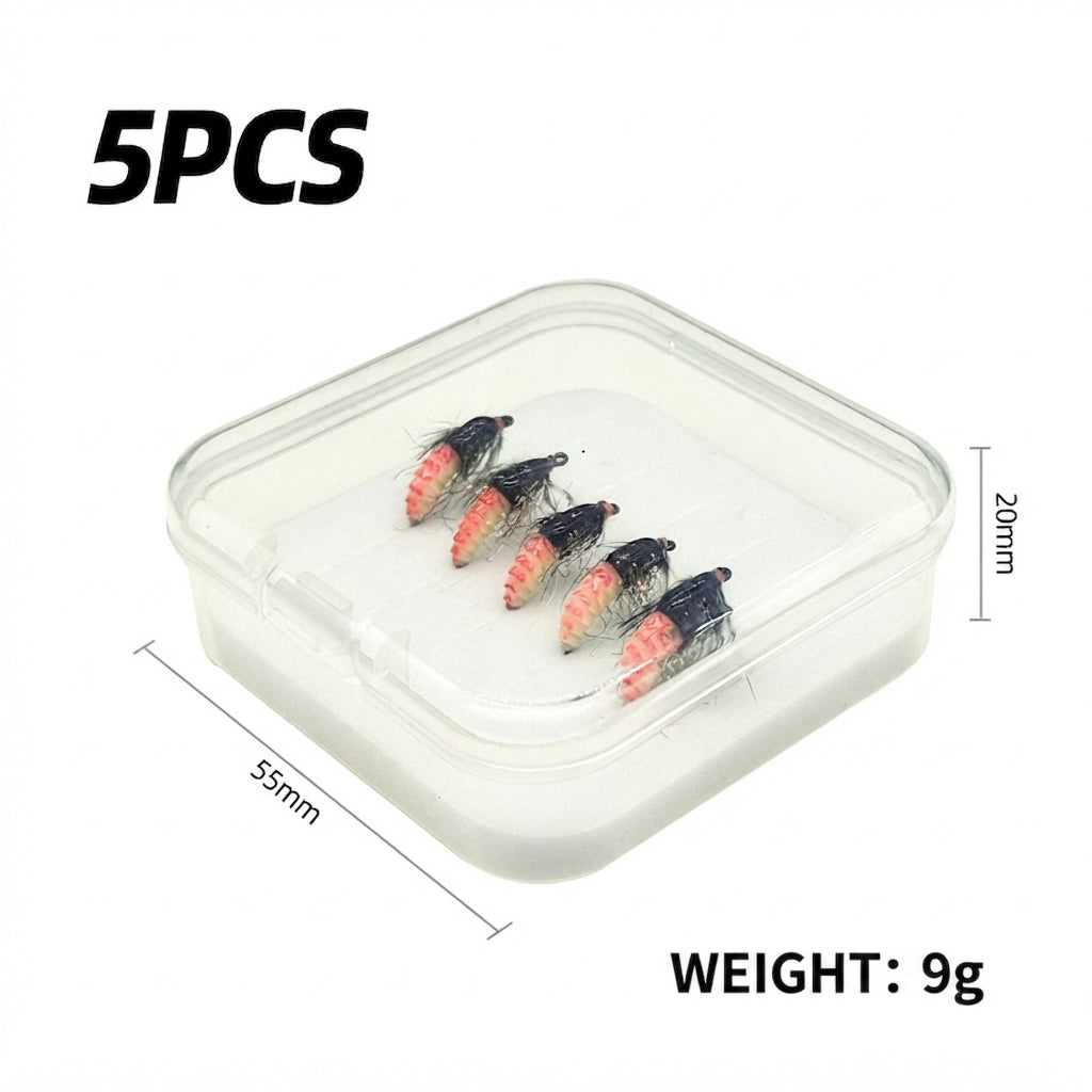 DZAngling 5PCS Hand-Tied Realistic Caddis Nymph Flies - Barbless Hooks, Soft Silicone Segmented Body & Flashabou, Sub-Surface Wet Fly for Trout, Grayling & Panfish