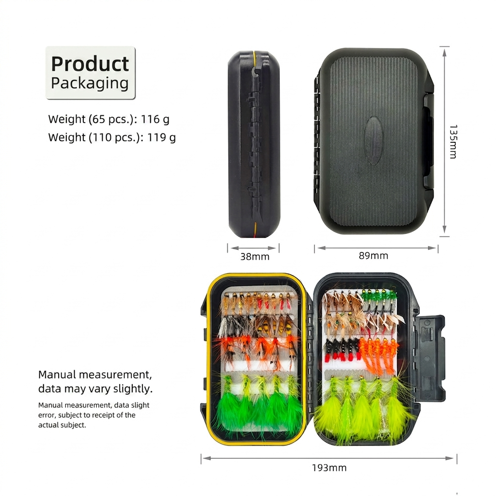 65pcs  Master Fly Set - Full Water Column Coverage - Nymph, Streamer, Dry, Wet Assortment - Versatile Sizes #6 to #14