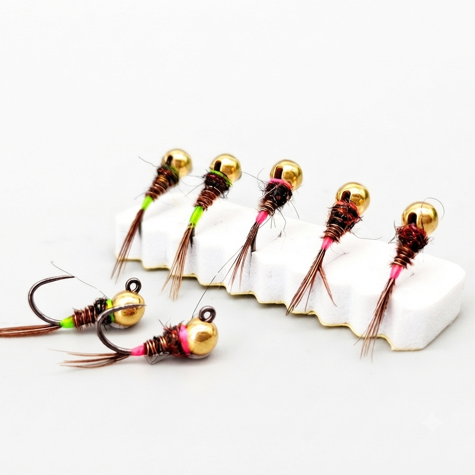 DZ Angling 8-Pack Weighted Tungsten Beadhead Nymph Flies - Hand-Tied Barbless Sinking Nymph Lures for Trout, Grayling, and Stream Micro Fishing (#14)