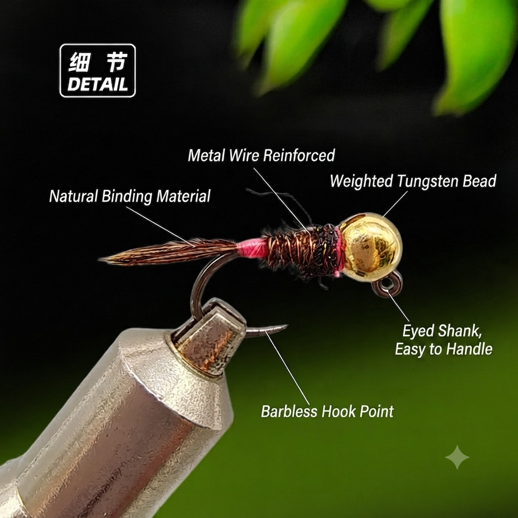 DZ Angling 8-Pack Weighted Tungsten Beadhead Nymph Flies - Hand-Tied Barbless Sinking Nymph Lures for Trout, Grayling, and Stream Micro Fishing (#14)