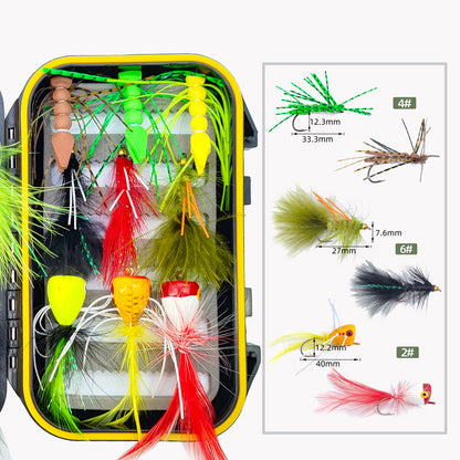 18pcs Bass & Pike Fly Fishing Kit - Topwater Foam Poppers & Weighted Rabbit Hair Streamers Assortment with Tackle Box