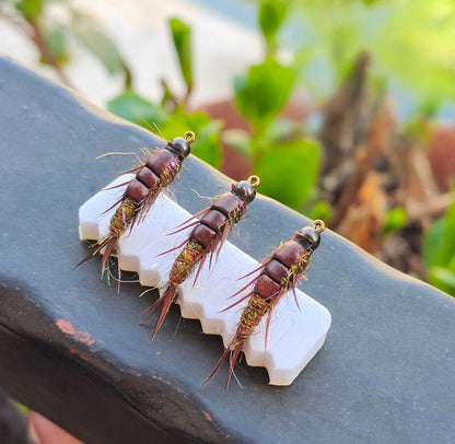 Handmade Realistic Nymph Fly - Super Lifelike Brown Body, Detailed Segments & Joints, Premium Hand-Tied Trout Flies, 5-Pack for Fly Fishing, Hook Size 10#