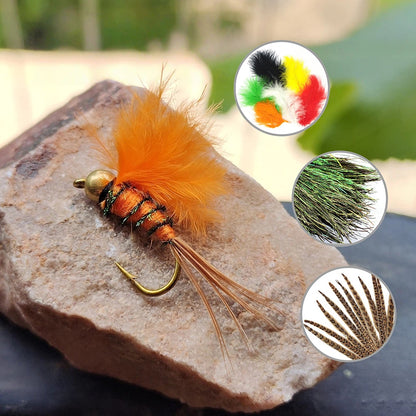 10pcs Orange Nymph Fly Fishing Lures - Bead Head Orange Wing Wet Flies, Realistic Aquatic Insect Imitation, Hand Tied Trout Flies with Size #10 Barbed Hooks