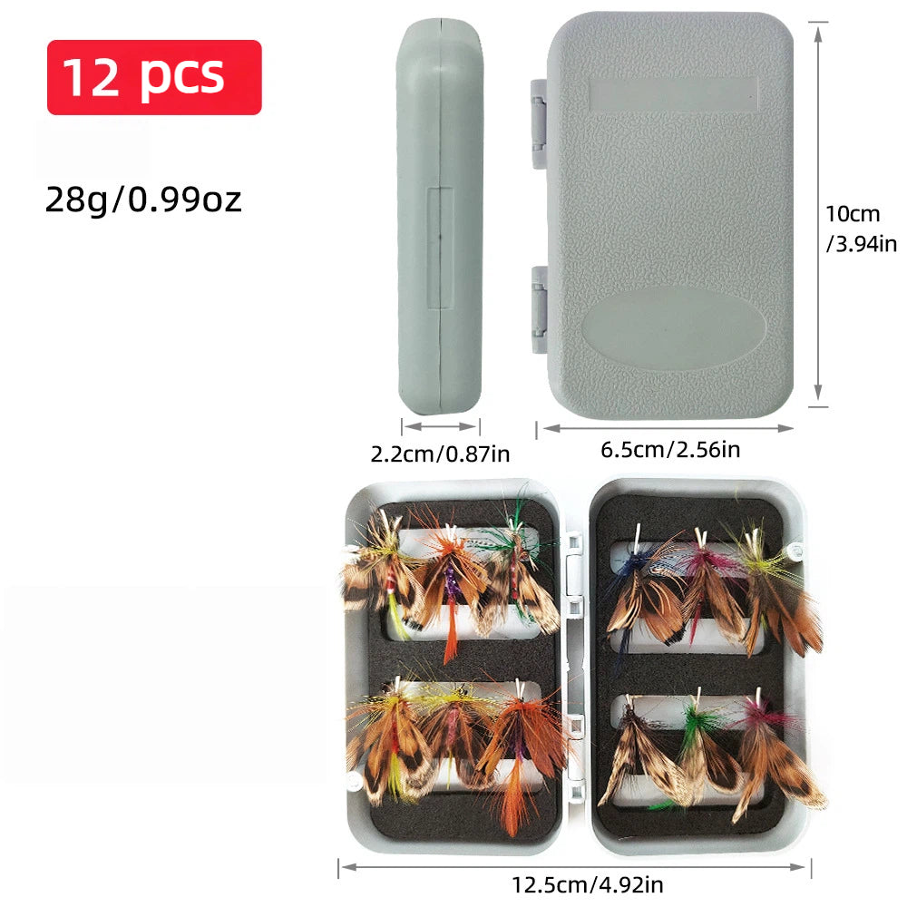 12-Pack Realistic Butterfly Fly Fishing Lures with Waterproof Case - Ultra-Lifelike Bionic Dry Flies, Mixed Sizes #10 & #12, Hand-Tied Surface Floating Baits for Trout & Bass