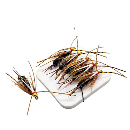 5-Pack New Prince Nymph Fly Fishing Lures - Ultra-Realistic Hand-Tied Nymphs with Spotted Silicone Legs & Golden Bead Head, Size #6 Tea Gold Hooks, Vibrant Trout & Bass Flies Assortment