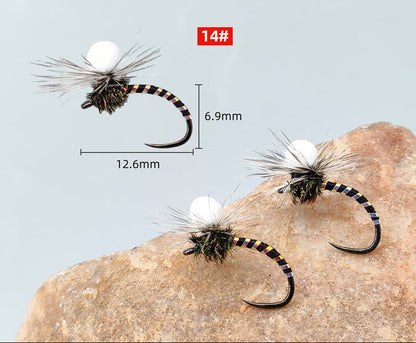 DzAngling 10-Pack Dry Flies #14 Barbless Floating Foam Mayfly Dun – High-Visibility High-Buoyancy Hand-Tied Fly Fishing Lures with Reflective Tinsel Abdomen for Trout, Grayling & Panfish
