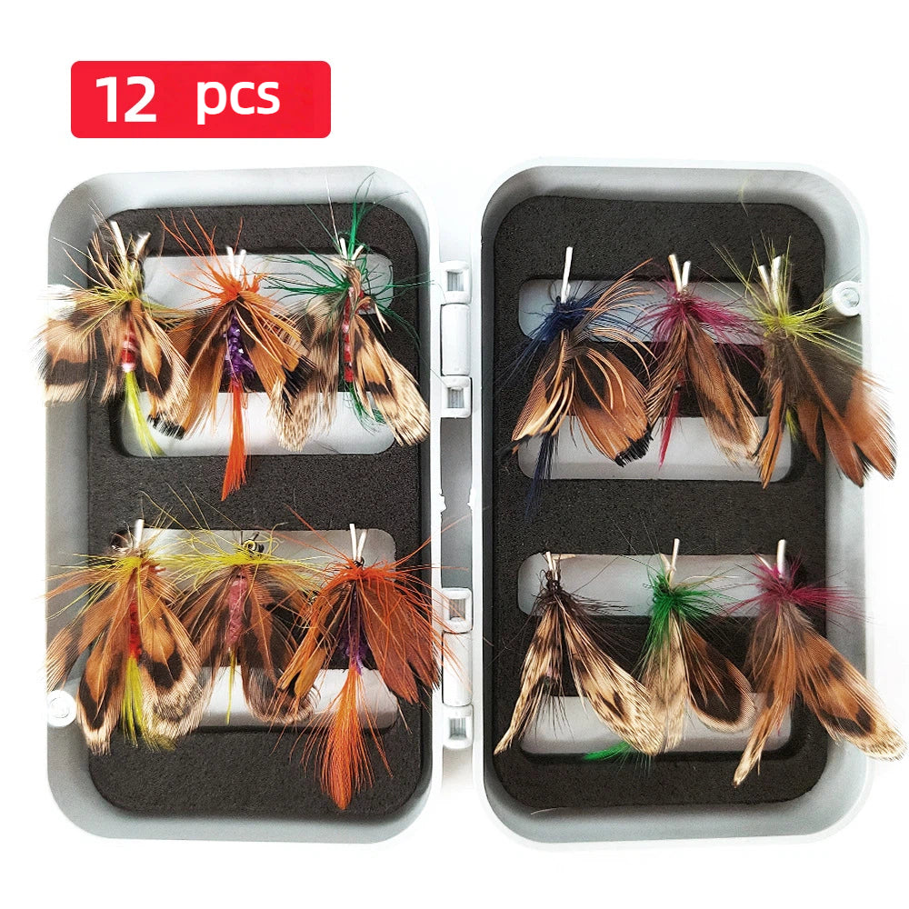 12-Pack Realistic Butterfly Fly Fishing Lures with Waterproof Case - Ultra-Lifelike Bionic Dry Flies, Mixed Sizes #10 & #12, Hand-Tied Surface Floating Baits for Trout & Bass