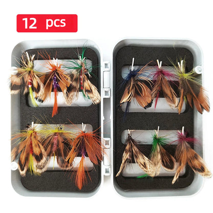12-Pack Realistic Butterfly Fly Fishing Lures with Waterproof Case - Ultra-Lifelike Bionic Dry Flies, Mixed Sizes #10 & #12, Hand-Tied Surface Floating Baits for Trout & Bass