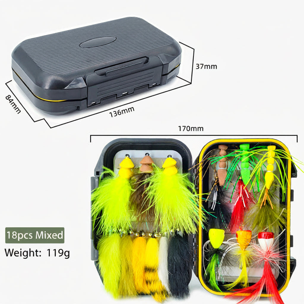 18pcs Bass & Pike Fly Fishing Kit - Topwater Foam Poppers & Weighted Rabbit Hair Streamers Assortment with Tackle Box
