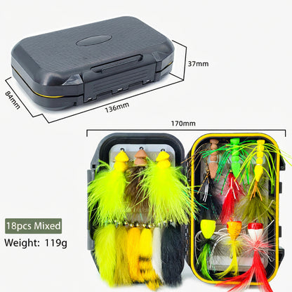 18pcs Bass & Pike Fly Fishing Kit - Topwater Foam Poppers & Weighted Rabbit Hair Streamers Assortment with Tackle Box