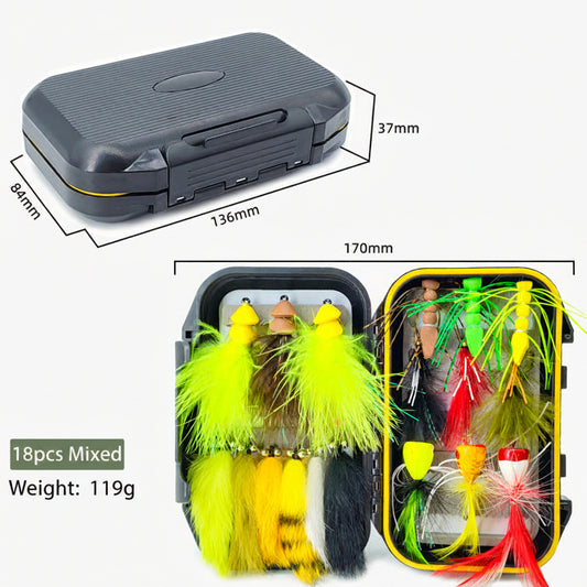 18pcs Bass & Pike Fly Fishing Kit - Topwater Foam Poppers & Weighted Rabbit Hair Streamers Assortment with Tackle Box