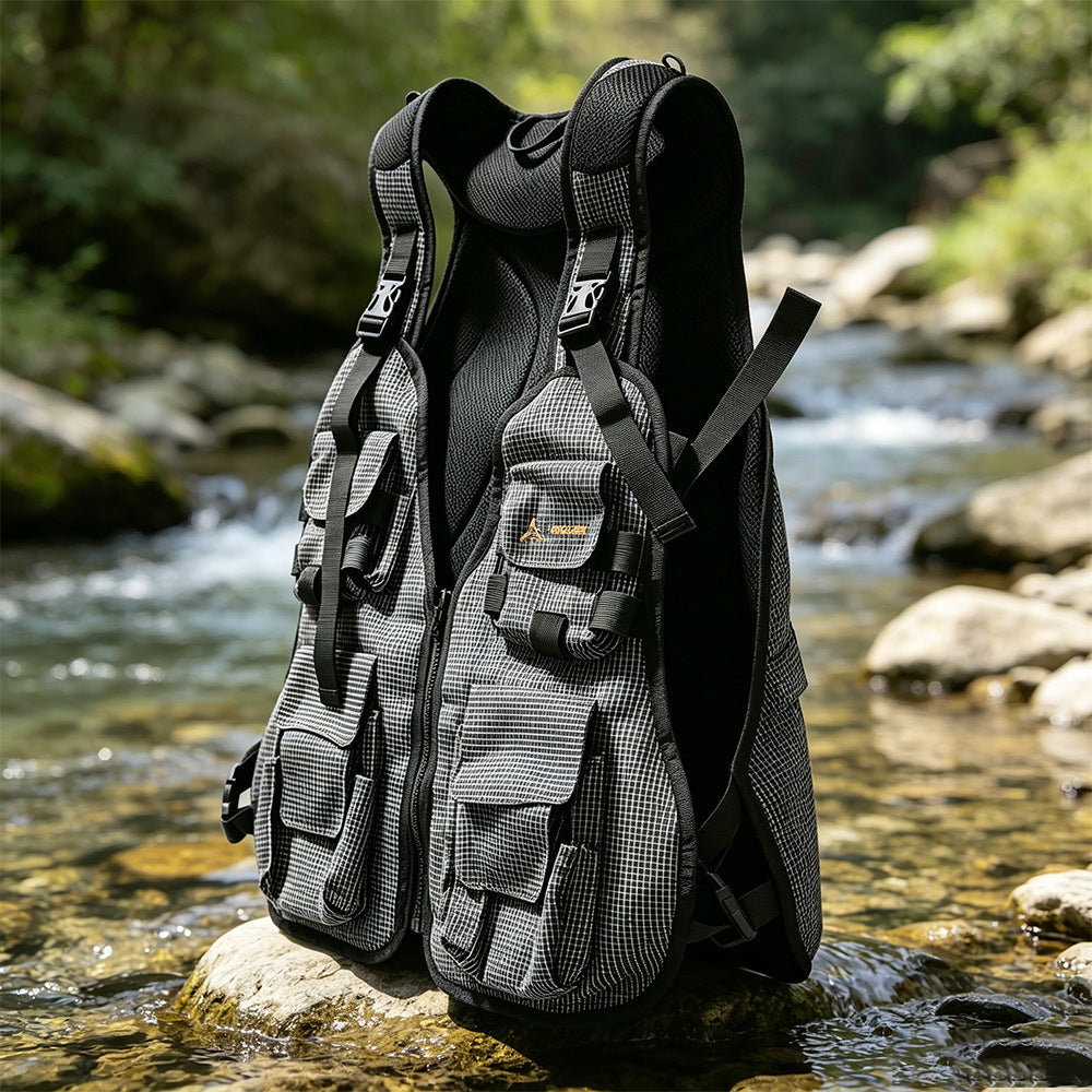 DZ Angling Multi-Pocket Fly Fishing Vest with Integrated Backpack - Lightweight Breathable Mesh Tactical Utility Vest with Adjustable Fit, Plaid Anti-Tear Nylon Gear Station