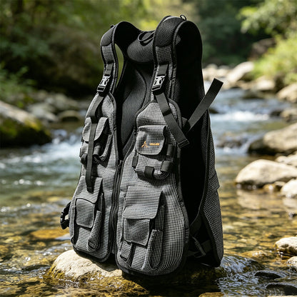 DZ Angling Multi-Pocket Fly Fishing Vest with Integrated Backpack - Lightweight Breathable Mesh Tactical Utility Vest with Adjustable Fit, Plaid Anti-Tear Nylon Gear Station