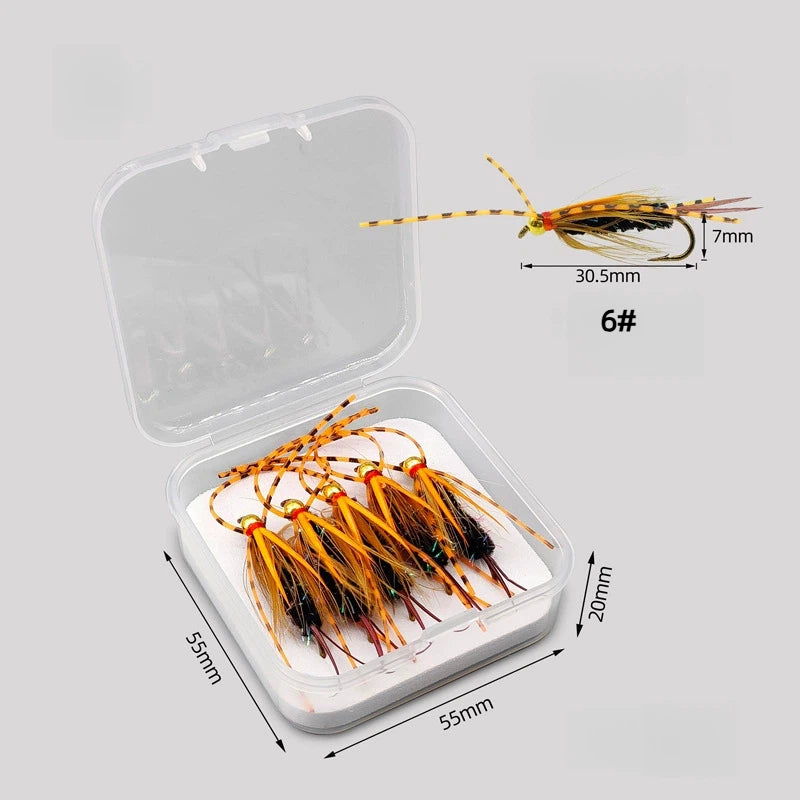 5-Pack New Prince Nymph Fly Fishing Lures - Ultra-Realistic Hand-Tied Nymphs with Spotted Silicone Legs & Golden Bead Head, Size #6 Tea Gold Hooks, Vibrant Trout & Bass Flies Assortment