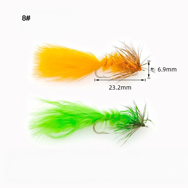 Flies – Natural Feathers, High-Visibility Colors, Size 8 Hook