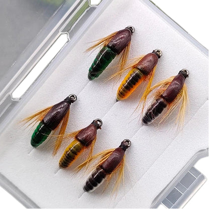 Fly Fishing Nymph Flies Assortment - Bead Head Caddis Pupa Larva Lures, Realistic Stonefly & Mayfly Imitations for Trout, Bass, and Carp, 6-Pack Hand-Tied Fishing Baits