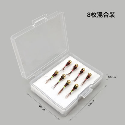 DZ Angling 8-Pack Weighted Tungsten Beadhead Nymph Flies - Hand-Tied Barbless Sinking Nymph Lures for Trout, Grayling, and Stream Micro Fishing (#14)