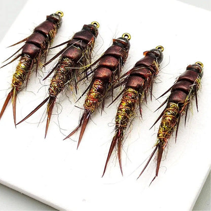 Handmade Realistic Nymph Fly - Super Lifelike Brown Body, Detailed Segments & Joints, Premium Hand-Tied Trout Flies, 5-Pack for Fly Fishing, Hook Size 10#