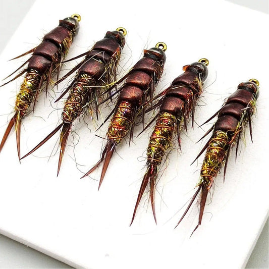 Handmade Realistic Nymph Fly - Super Lifelike Brown Body, Detailed Segments & Joints, Premium Hand-Tied Trout Flies, 5-Pack for Fly Fishing, Hook Size 10#