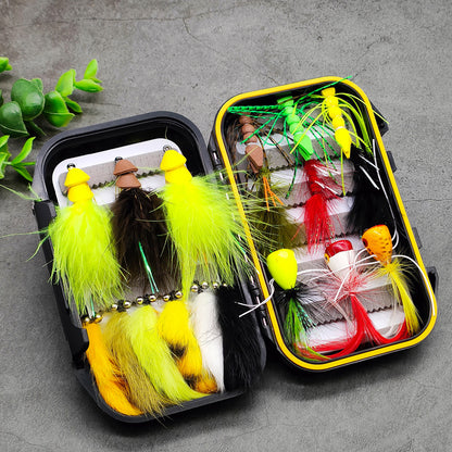 18pcs Bass & Pike Fly Fishing Kit - Topwater Foam Poppers & Weighted Rabbit Hair Streamers Assortment with Tackle Box