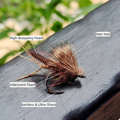 5-Pack Hand-Tied Deer Hair Caddis Flies - High Buoyancy Foam Body with Realistic Texture, Ultra-Sharp Barbless Hook for Trout and Bass Dry Flies Fly Fishing