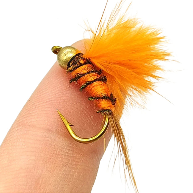 10pcs Orange Nymph Fly Fishing Lures - Bead Head Orange Wing Wet Flies, Realistic Aquatic Insect Imitation, Hand Tied Trout Flies with Size #10 Barbed Hooks