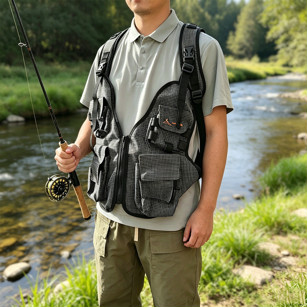 DZ Angling Multi-Pocket Fly Fishing Vest with Integrated Backpack - Lightweight Breathable Mesh Tactical Utility Vest with Adjustable Fit, Plaid Anti-Tear Nylon Gear Station