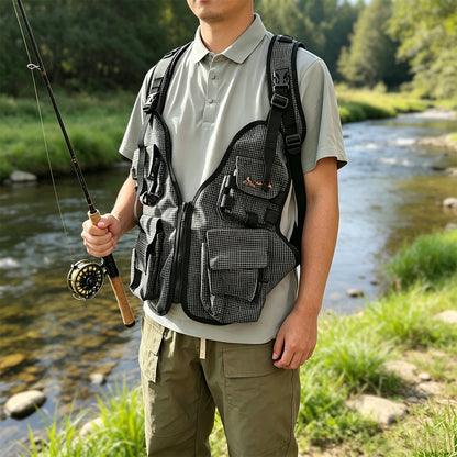 DZ Angling Multi-Pocket Fly Fishing Vest with Integrated Backpack - Lightweight Breathable Mesh Tactical Utility Vest with Adjustable Fit, Plaid Anti-Tear Nylon Gear Station