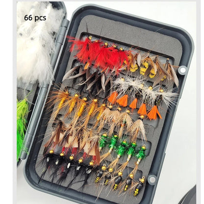 66pcs Fly Fishing Flies Kit - Ultimate Dry & Wet Fly Lures Assortment with Waterproof Fly Box, Hand-Tied Trout, Bass & Salmon Fishing Gear, High-Value Fishing Gift Set