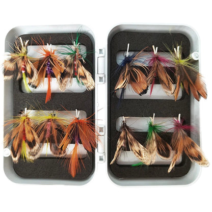 12-Pack Realistic Butterfly Fly Fishing Lures with Waterproof Case - Ultra-Lifelike Bionic Dry Flies, Mixed Sizes #10 & #12, Hand-Tied Surface Floating Baits for Trout & Bass