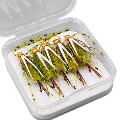 5-Pack New Prince Nymph Fly Fishing Lures - Ultra-Realistic Hand-Tied Nymphs with Spotted Silicone Legs & Golden Bead Head, Size #6 Tea Gold Hooks, Vibrant Trout & Bass Flies Assortment