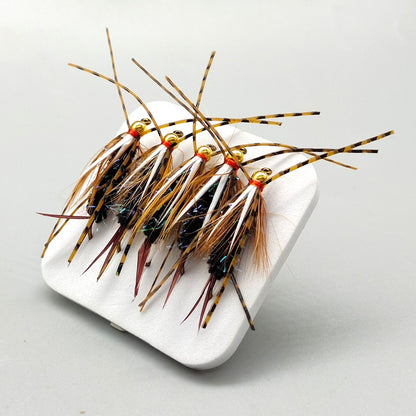 5-Pack New Prince Nymph Fly Fishing Lures - Ultra-Realistic Hand-Tied Nymphs with Spotted Silicone Legs & Golden Bead Head, Size #6 Tea Gold Hooks, Vibrant Trout & Bass Flies Assortment