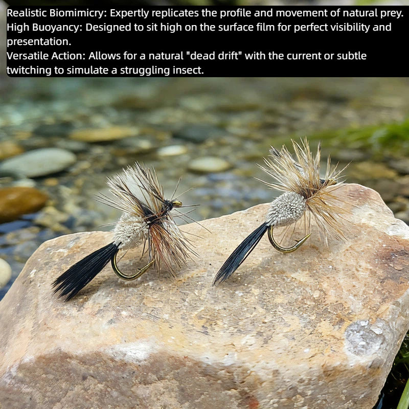 5-Pack Dry Fly Fishing Lures - Classic Topwater Mimicry with Durable Synthetic Fiber Body - High Buoyancy Surface Bait for Trout, Chub, and Panfish, Hook Size #14