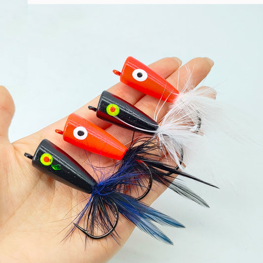 Pro 5-Pack Saltwater & Freshwater Feathery Popper Fly Lures - 4/0# Hook  - Topwater Poppers for Trout, Pike, Tarpon & Striped Bass