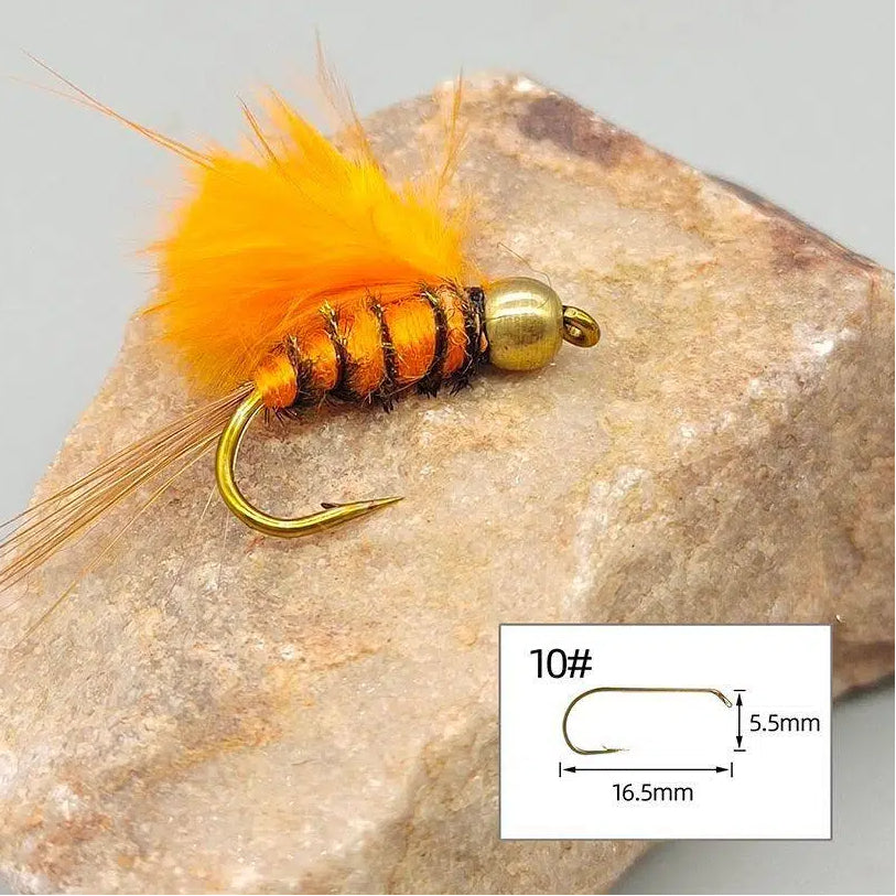 10pcs Orange Nymph Fly Fishing Lures - Bead Head Orange Wing Wet Flies, Realistic Aquatic Insect Imitation, Hand Tied Trout Flies with Size #10 Barbed Hooks