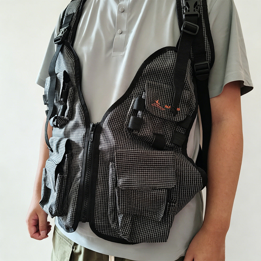 DZ Angling Multi-Pocket Fly Fishing Vest with Integrated Backpack - Lightweight Breathable Mesh Tactical Utility Vest with Adjustable Fit, Plaid Anti-Tear Nylon Gear Station