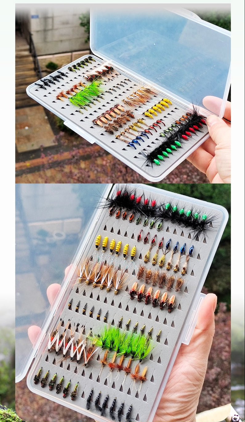 DzAngling 100Pcs Fly Fishing Lures Set Hand-Tied Dry Wet Nymph Streamer Flies Assortment Pack with Waterproof Fly Box #10 #12 #14 #16